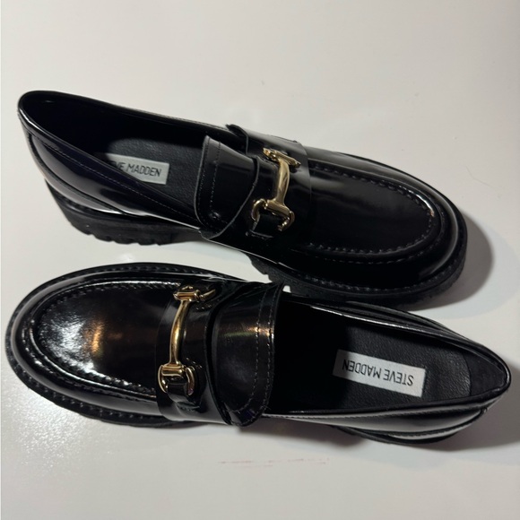 Steve Madden LANDO BLACK LEATHER Chunky Lug Sole Loafers Size 10 - Picture 1 of 5